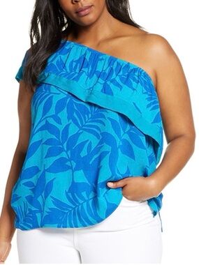 Gibson Nordstrom Off The Shoulder Blouse Top Ruffle PS/4 Tropical Print Blue
